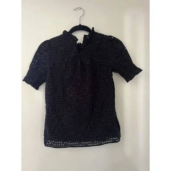 J.CREW Black Eyelet Smocked Short Sleeve Blouse Top Size xxs Ruffle 100% Cotton - Picture 6 of 7